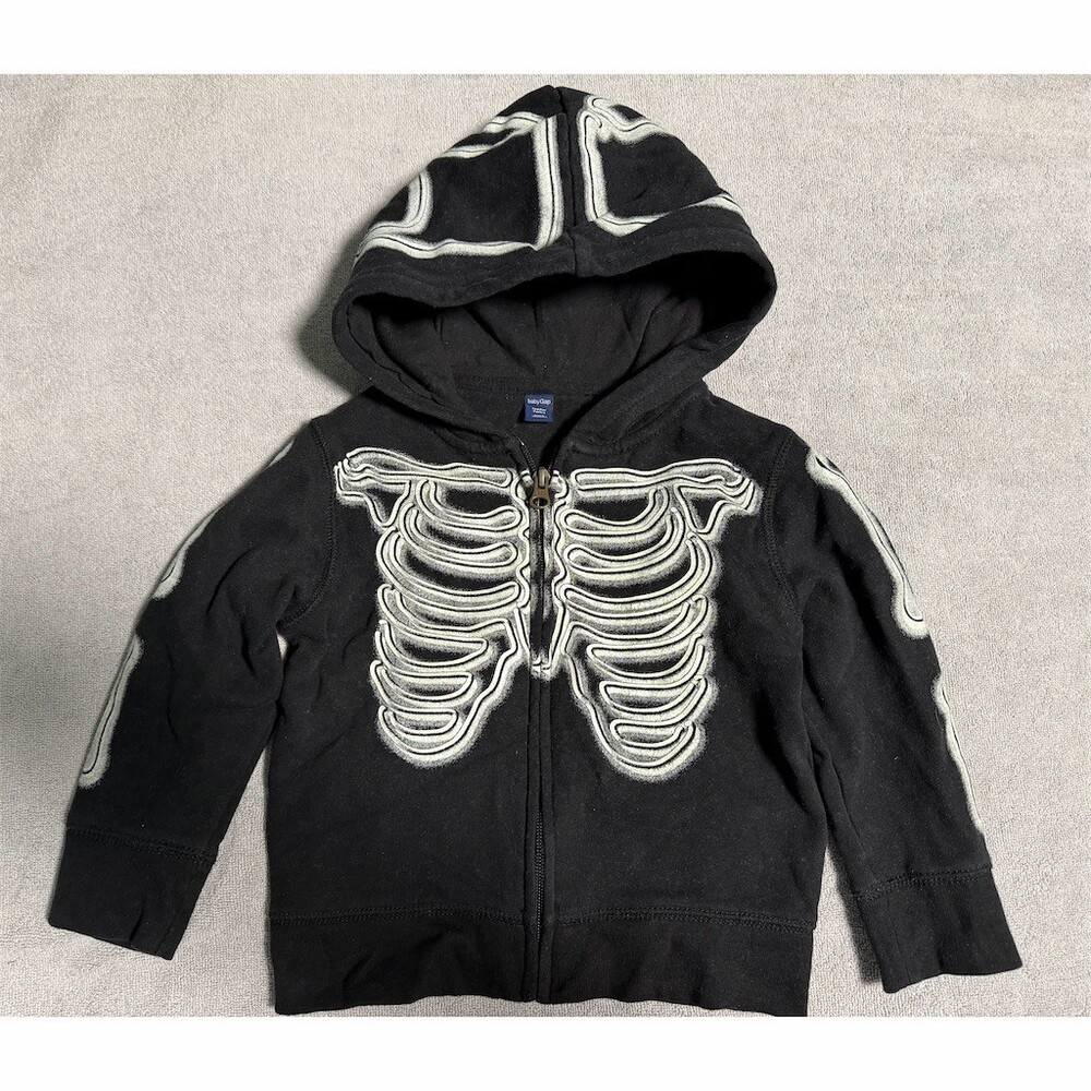 babyGap Full-Zip Hoodie Unisex Toddler Black Glow in the Dark Skeleton Sz 3T